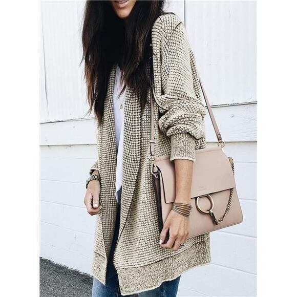 Womens Plaid Long Sleeve Open Front Cardigan Oversized Chunky Knit Sweaters Coat - Picture 2 of 5